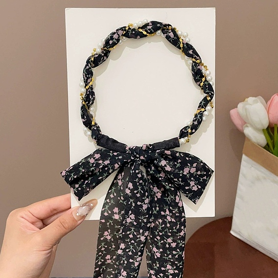 Ленты для волос из полиэстера, цветочным узором, с имитацией жемчуга, аксессуары для волос для женщин и девочек