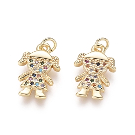 Golden Plated Brass Charms, with Cubic Zirconia and Jump Rings, Girl