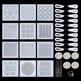 Наборы инструментов для вышивания, включая трафареты для рисования и раскрашивания из пластика для домашних животных., нитки для вышивания поликоттон, резиновый одноразовый напальчник, железные иглы для пряжи и кольца для наперстков