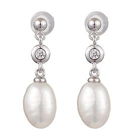 Natural Pearl Ear Studs, with Sterling Silver Micro Pave Clear Cubic Zirconia Findings, Oval