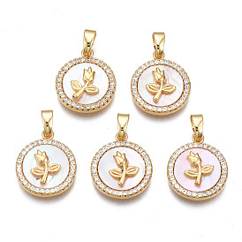 Brass Micro Pave Clear Cubic Zirconia Pendants, with Shell, Cadmium Free & Nickel Free & Lead Free, Flat Round with Flower
