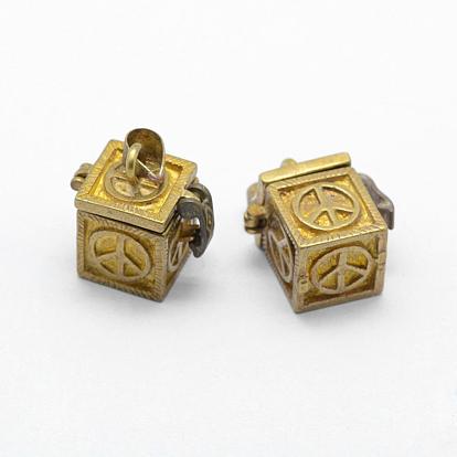 Brass Prayer Box Pendants, Lead Free & Cadmium Free & Nickel Free, Cube with Peace Sign