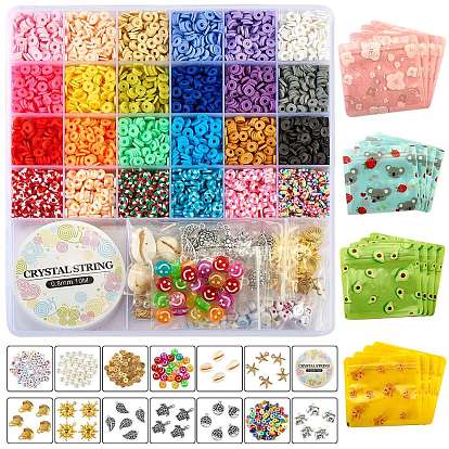 4496 Bausatz für DIY-Armbänder aus Fimo-Perlen, einschließlich handgefertigter Fimo-, Acryl-, Messing- und natürlicher Kaurimuschelperlen, Anhänger aus Legierung und CCB-Kunststoff, wiederverschließbarer Beutel, elastischen Faden