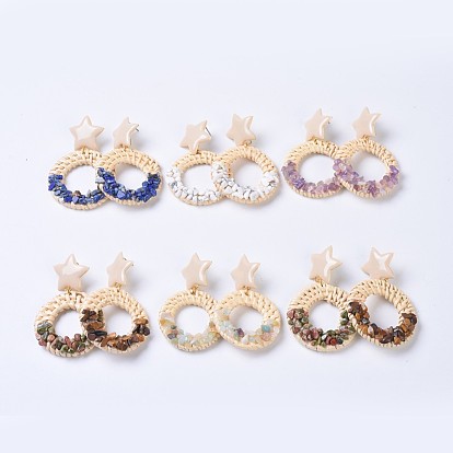 Caña pintada con rociador hecha a mano / rota tejida cuelga aretes, Con las virutas naturales de la piedra preciosa, Pendientes de esmalte de aleación y pasadores de acero., tuercas de plástico, anillo circular