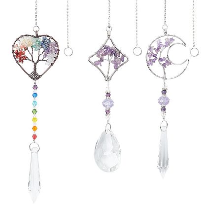 3 шт 3 стиль чакра тема драгоценный камень кулон украшение, подвесной ловец солнца, с кольцами из латуни/нержавеющей стали и рамой из сплава ромб/луна/сердце, пуля и слеза