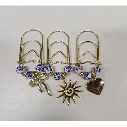 3Pcs Iron Paper Clips, with Alloy Pendants, Heart & Bowknot & Sun
