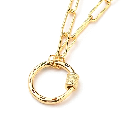 Brass Micro Pave Cubic Zirconia Screw Carabiner Lock Pendant Necklaces, with Paperclip Chains, Ring, Colorful