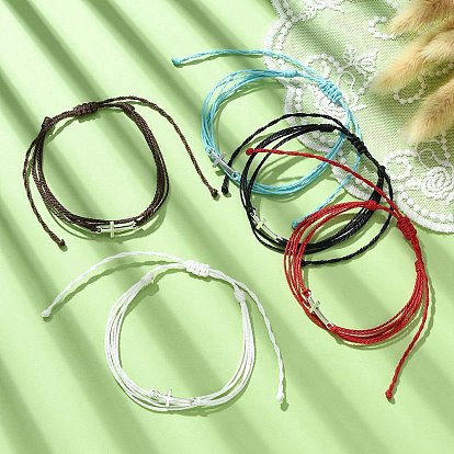 Waxed Polyester Cords Multi-strand Bracelet, Tibetan Style Alloy Cross Link Adjustable Bracelet