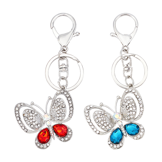 2шт 2 цвета сплава горный хрусталь брелок, с застежками-карабинами и кольцом, платина, бабочка