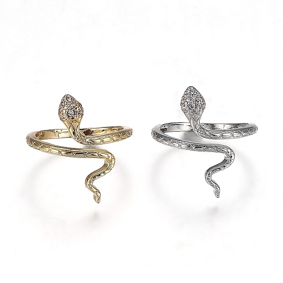 Латунные кольца из манжеты с прозрачным цирконием, открытые кольца, широкая полоса кольца, без кадмия и без свинца, змея