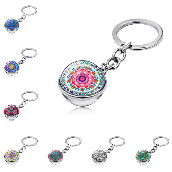 Mandala Flower Keychain, Double Side Cabochon Glass Ball Keychain, for Men Women Gift