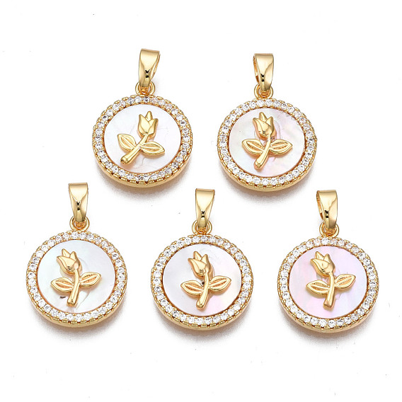 Brass Micro Pave Clear Cubic Zirconia Pendants, with Shell, Cadmium Free & Nickel Free & Lead Free, Flat Round with Flower
