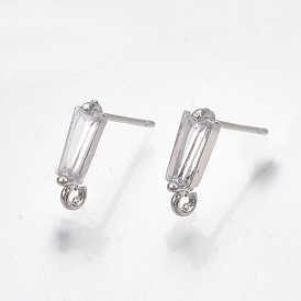 Brass Cubic Zirconia Stud Earring Findings, with Loop, Clear