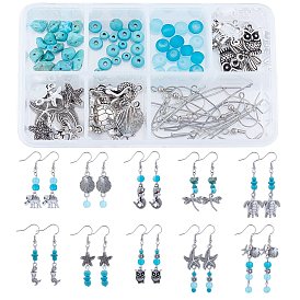 DIY Ocean Theme Earrings Making Kits, with Alloy Pendants, Synthetic Turquoise Beads, Glass Beads, Brass Earring Hooks, Iron Pins