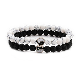 Minimalist Black and White Stone Bead Couples Bracelet Set with Yin Yang Eight Trigrams Design