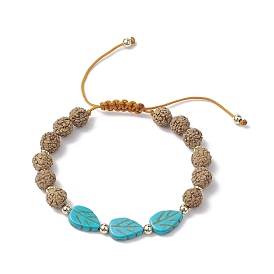 Round Natural Rudraksha and Synthetic Dyed Turquoise Braided Bead Bracelets, Adjustable Leaf Bracelets for Women Men