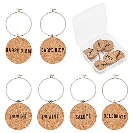 SUNNYCLUE 12Pcs 6 Styles Natural Wood Wine Glass Charms, Hoop Earrings, Flat Round with Word Happy/Dream/Fun/Love/Joy/Health, Platinum