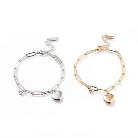 304 bracelets de charme d'acier inoxydable, avec chaînes trombones et zircone cubique transparente, cœur