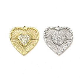 Rack Plating Brass Micro Pave Clear Cubic Zirconia Pendants, Long-Lasting Plated, Lead Free & Cadmium Free, Heart Charms