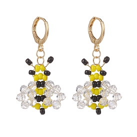 Aretes colgantes con diseño de abejas trenzadas de vidrio, joyería de alambre de latón chapado en oro para mujer