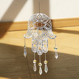 Metal Hollow Hamsa Hand with Eye Hanging Ornaments, Glass Cone Tassel Suncatchers for Garden Outdoor Decoration