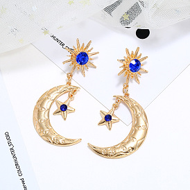 Alloy Inlaid Diamond Long Earrings - European and American Fashion, Star and Moon.