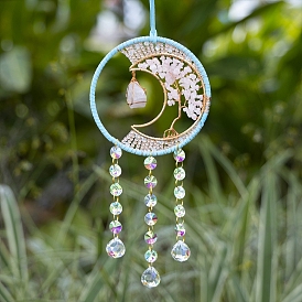 Lune de copeaux de quartz rose naturel enveloppé de fil avec des décorations de pendentif d'arbre de vie, Gland octogonal rond en verre pour la décoration de jardin et de maison