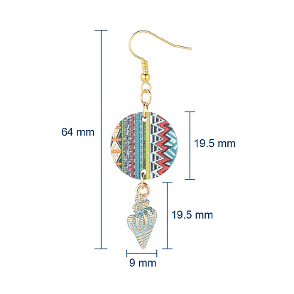 Printed Basswood Dangle Earrings, with Alloy Enamel Pendants and Brass Earring Hooks, Flat Round, Mixed Color