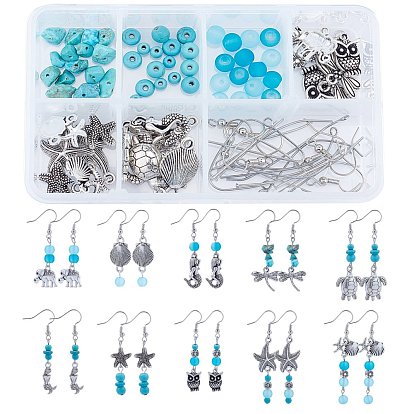 DIY Ocean Theme Earrings Making Kits, with Alloy Pendants, Synthetic Turquoise Beads, Glass Beads, Brass Earring Hooks, Iron Pins