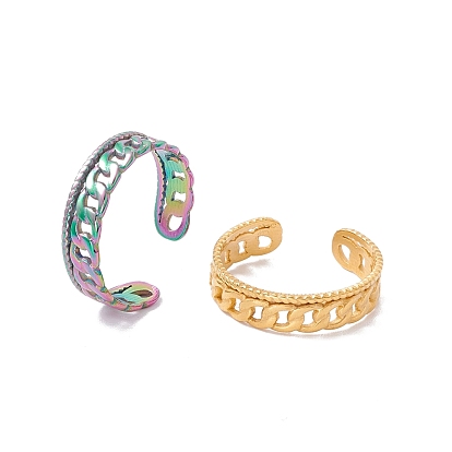 Ion Plating(IP) 304 Stainless Steel Curb Chains Shape Open Cuff Ring, Hollow Ring for Women