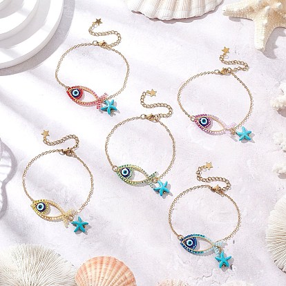 Стекло бисер ссылаются браслеты, латунные кабельные цепи браслеты для женщин, рыба и морская звезда, с синтетической бирюзой и 201 фурнитурой из нержавеющей стали