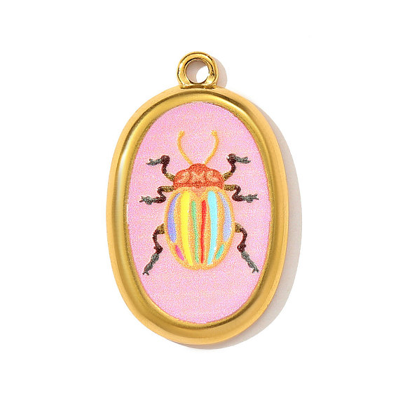 Печатные 304 подвески из нержавеющей стали, овальные подвески с рисунком насекомых, зеркальная полировка, ионное покрытие (ip), реальный 18 k позолоченный