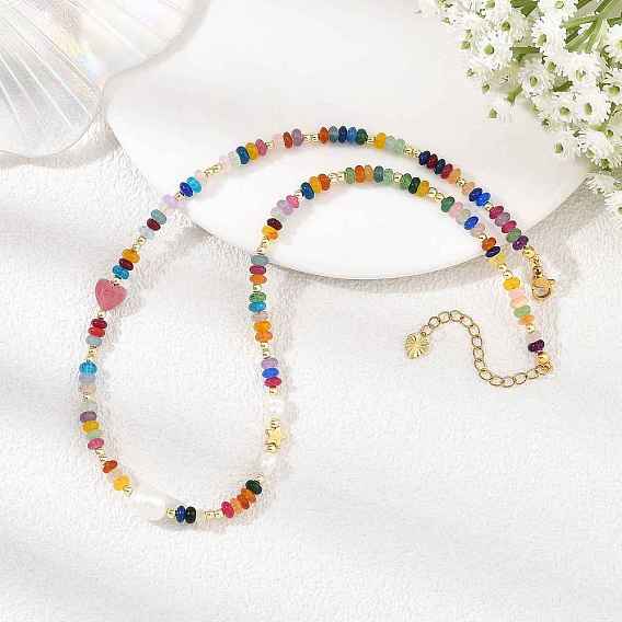 Rondelle Dyed Natural White Jade & Heart Rhodonite & Pearl Beaded Necklaces for Women, Colorful