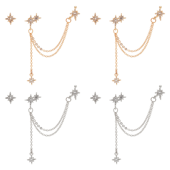 4 наборы 2 асимметричные серьги в форме звезды из цветного сплава с серебряными штифтами, серьги-гвоздики с кисточками и каффами для женщин