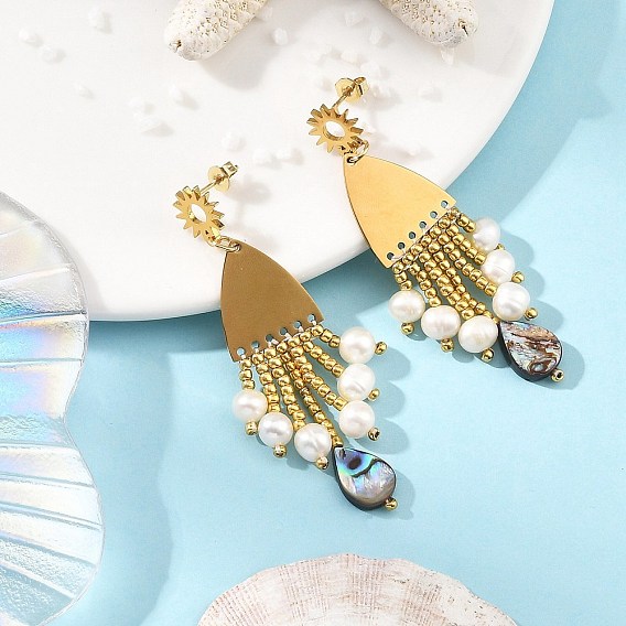 316L Surgical Stainless Steel Chandelier Earrings, Natural Cultured Freshwater Pearl Beads and Glass Seed Beads Tassel Earrings
