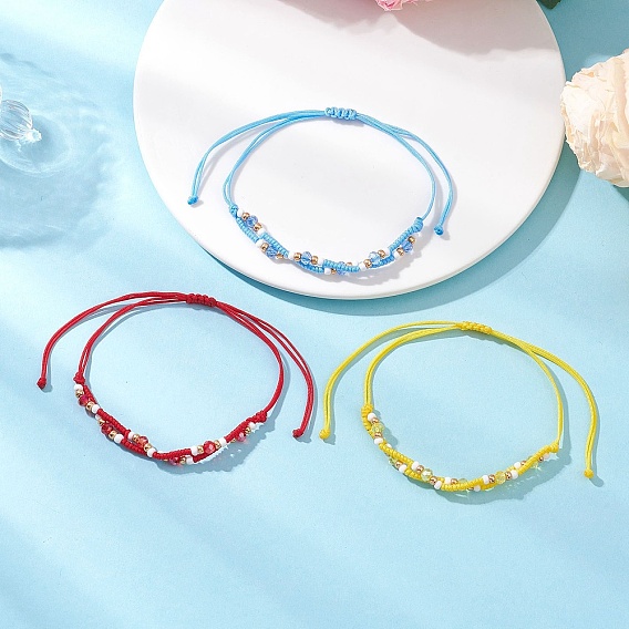3шт. регулируемые браслеты из стеклянных бусин, с нейлоновой нитью