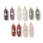 Natural Gemstone Copper Wire Wrapped Pendants, Faceted Bullet Charms with Light Gold Tone Star & Moon Brass Beads