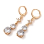 Rack Plating Golden Brass Dangle Leverback Earrings, with Cubic Zirconia, Flat Round