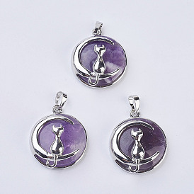 Gemstone Kitten Pendants, with Brass Findings, Flat Round with Cat & Crescent Moon Shape, Platinum