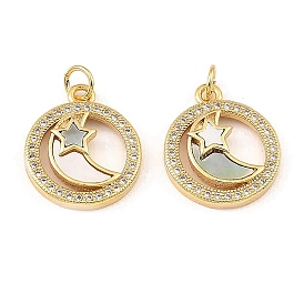 Brass Cubic Zirconia with Shell Pendants, Long-Lasting Plated, Lead Free & Cadmium Free, Flat Round