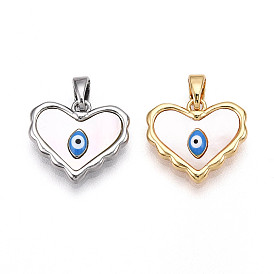 Подвески в форме сердца из натуральной ракушки из латуни, очаровашка синяя эмаль сглаза