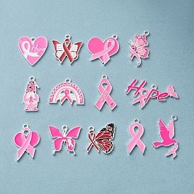 Pendentifs en alliage d'émail sur le thème du ruban de sensibilisation rose contre le cancer du sein, argenterie