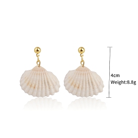 Brass and Shell Pendants Stud Earrings, White