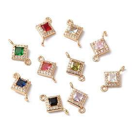 Brass Micro Pave Clear Cubic Zirconia Rhombus Links Connector Charms, with Glass, Golden