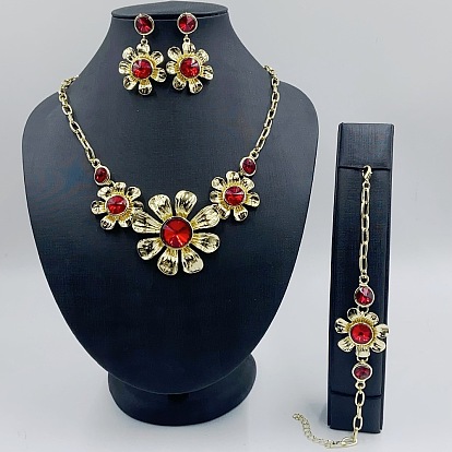 Ожерелье из цветочного сплава со стразами, серьги-гвоздики и браслеты-звенья, золотые