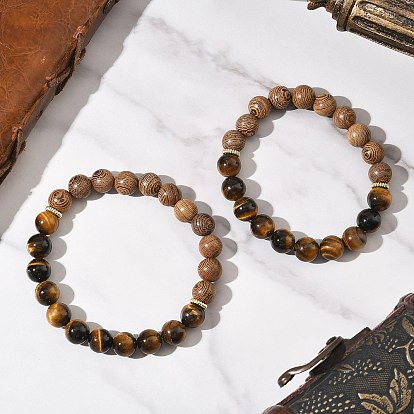 2 шт. 2 стили браслеты из натурального тигрового глаза и дерева с круглыми бусинами для мужчин и женщин