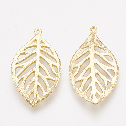 Brass Pendants, Cut-Out, Leaf, Real 18K Gold Plated