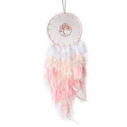 Cherry Quartz Glass Pendant Decorations, Woven Net/Web with Feather, with Imitation Pearl, Fancy Gifts for Women Girls