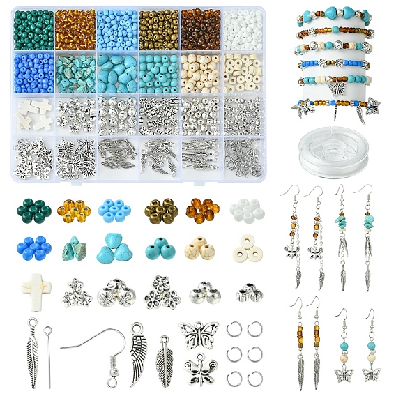 DIY Armband/Ohrring Kits, inklusive synthetischer Türkisperlen, Runde Rocailles, Legierungsperlen und Anhänger