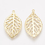 Brass Pendants, Cut-Out, Leaf, Real 18K Gold Plated
